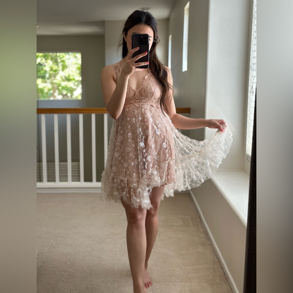 Free People Adella Sequin Slip Champagne XS EUC